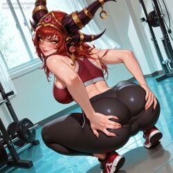 vertiloart ai_generated 1girls world_of_warcraft alexstrasza gym gym_uniform yoga_pants leggings sports_bra spread_ass squatting ass