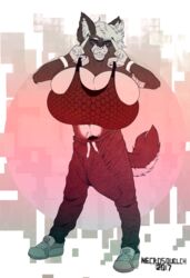 2017 abs armband athletic balls big_balls big_breasts big_penis bra breasts bulge canine claws cleavage clothed clothing eyewear facial_piercing flat_colors freckles glasses grin happy huge_balls huge_breasts huge_cock hyper hyper_balls hyper_breasts hyper_bulge hyper_penis jewelry kayde line_art looking_at_viewer male male_with_breasts mammal midriff navel necrosquelch nose_piercing nose_ring penis piercing presenting simple_background smile sneakers solo sports_bra standing sweatpants tattoo underwear watermark yellow_eyes