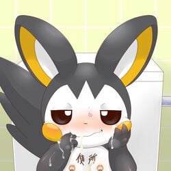 after_oral alacarte ambiguous_gender anthro blush cum cum_on_arm cum_on_chest cum_on_fingers cum_on_hand cum_on_hands cum_on_mouth cum_trail cumdrip cute emolga filled_cheeks full-face_blush looking_at_viewer messy nintendo nipple_piercing nipples piercing pokemon pokemon_bw pokephilia solo steamy_breath sweatdrop