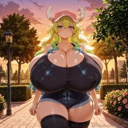 1girl ai_generated bare_shoulders baseball_cap black_tank_top black_thighhighs blonde_hair blue_eyes breasts cleavage covered_nipples dragon_girl dragon_horns flower gigantic_breasts gradient_hair green_eyes green_hair hat heterochromia horns horns_through_headwear huge_breasts lamppost long_hair looking_at_viewer lucoa multicolored_hair outdoors short_shorts shorts skindentation sky solo sweat tank_top thick_thighs thighhighs thighs tree trinity_vermilion unusually_open_eyes