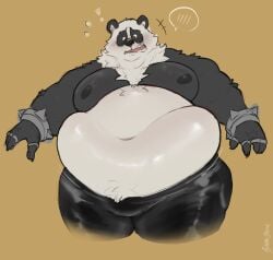 male male_only furry anthro zenless_zone_zero pan_yinhu panda giant_panda black_fur white_fur overweight overweight_male overweight_anthro solo solo_male baconbearart shirtless flaccid bulge blush