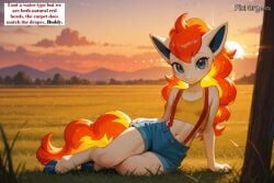 ai-created ai_assisted ai_generated blue_eyes blue_shorts female female_only fire_hair fire_tail grass grass_field looking_at_viewer misty_(pokemon) pokemon ponyta red_suspenders shyunchained sunrise sunset yellow_shirt yellow_tank_top