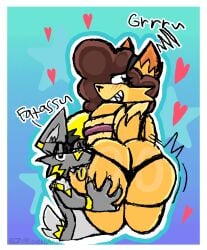absurd_res anal anthro big_butt blonde_hair blue_background bodily_fluids butt canid canine canis dark_hair dialogue drooling drooling_on_partner duo female fox fur grey_body grey_fur growling hair heart_symbol hi_res hybrid hyena looking_at_viewer looking_back male mammal oral rimming saliva sex simple_background thick_thighs wolf yellow_body yellow_fur zo_(zoyeensadart) zoyeensadart