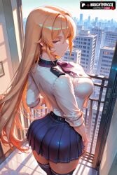 1girls 2025 ai_assisted ai_generated anime animeprds25 artist_name ass blonde_hair blue_skirt blue_thighhighs breasts building city cityscape closed_mouth food_wars from_behind hair_between_eyes hi_res high_quality high_resolution highres indoors large_breasts long_hair long_sleeves looking_at_viewer looking_back nakiri_erina patreon_username pleated_skirt purple_eyes railing shirt skirt solo stable_diffusion thighhighs watermark white_shirt window zettai_ryouiki