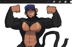 1boy artist_request black_eyes black_fur chimpanzee chimpanzee_humanoid chimptopia color furry hat light_skin looking_at_viewer male male_focus male_only naked naked_male open_eyes open_mouth open_smile robby_(chimptopia) simple_background smile standing tongue tongue_out twitter_link white_background