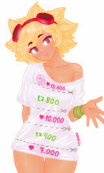 solar_flare_(pvz) solar_flare_(peargor) pvz plants_vs_zombies twitter_cutting_game cutting_clothes female female_focus female_only odenezix tagme t-shirt shirt white_shirt print_shirt simple_background blonde_hair t-shirt_only shirt_only
