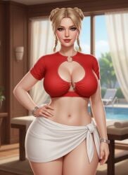 1girls ai_generated bangle belly_button blonde_hair braided_sidelock cleavage cleavage_cutout eyebrows_behind_hair eyelashes gemini grey_eyes hand_on_hip hourglass_figure inner_sideboob large_breasts light-skinned_female looking_at_viewer lounge_chair massage_table masseuse mature_female midriff one_hand_on_hip poolside rgomez007 sarong seductive_look self_upload short_sleeves side_swept_bangs slight_smile solo_female standing thick_thighs twin_buns warm_lighting wide_hips