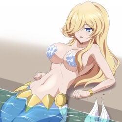 1:1 1girls absurd_res asaricurry belt big_breasts bikini blonde_hair blue_eyes blue_tail blush bracelet breasts female female_only hair_over_one_eye hi_res isekai_maou_to_shoukan_shoujo_no_dorei_majutsu kodansha light_blush light_skin long_hair merfolk mermaid mermaid_fallen monster_girl navel one_eye_obstructed paid_reward_available parted_lips poolside shell shell_bikini solo water wet white_background
