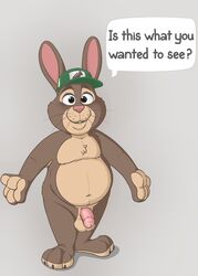 brown_eyes brown_fur disney english_text flaccid fur hat humanoid_penis lagomorph looking_at_viewer male male_only mammal navel neenya nude penis rabbit simple_background slightly_chubby solo standing stu_hopps text whiskers zootopia