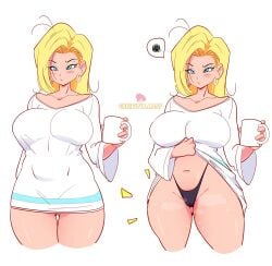 1girls android_18 breasts dragon_ball dragon_ball_z female female_only large_breasts lazuli_(dragon_ball) light-skinned_female light_skin looking_at_viewer lunaexhabbitix solo thick_thighs thighs white_background wide_hips