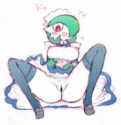 1girls ass black_footwear black_legwear blush breasts censor_bar censored closed_mouth female female_only gardevoir hair_over_one_eye heart ikanomaru looking_at_viewer maid nintendo nipples no_panties on_back open_mouth pokemon pokemon_(species) pokemon_rse red_eyes shoes skirt skirt_lift smile solo spread_legs text thighhighs white_background white_skin