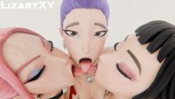 3d 3girls black_hair female female_focus female_only kpop_demon_hunters lizart_xy makeup mira_(kpop_demon_hunters) open_mouth pink_hair purple_hair rumi_(kpop_demon_hunters) tagme tongue tongue_kiss tongue_out zoey_(kpop_demon_hunters)