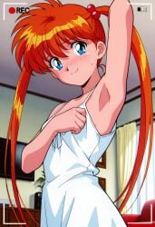 ai_generated arm_up armpit_focus armpits blue_eyes blush dress hell_teacher_nube inaba_kyouko indoors jigoku_sensei_nube kyoko_inaba long_twintails modeling nizaemonart_(ai_generator) orange_hair recording shounen_jump smile teenager twintails white_dress
