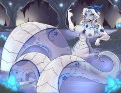 apode blue_body breasts cavern detailed_background digital_media_(artwork) draconcopode female glowing lamia legless markings naga nipples nsfw nude nude_female reptile scale_markings scales scalie serpentine snake split_form water