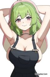 1girl 1girls adult adult_female apron apron_only arm_behind_head armpit armpit_crease armpit_peek armpits arms_behind_head big_boobs big_breasts breasts busty busty_female busty_girl closed_mouth_smile dayyo_(daydarion/day-chan) eyebrows_visible_through_hair female female_only green-haired_female green_hair hairless_armpits hand_behind_head hands_behind_head ichika_maia independent_vtuber indie_virtual_youtuber indie_vtuber large_boobs large_breasts lean_figure mature mature_female narrow_waist overalls overalls_only pink-eyed_female pink_eyes posing posing_for_the_viewer presenting_armpit shaved_armpits slender_body slender_waist slim-waist slim_female smile smiley_face smiling smiling_at_viewer solo virtual_youtuber vtuber vtuberfanart youtuber youtuber_girl