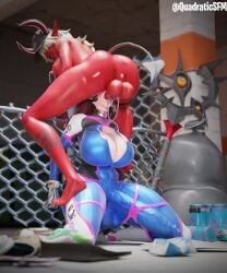 2futas 3d bodysuit bulge bulge_through_clothing chainlink_fence cleavage cum cum_on_breasts cum_trail d.va d.va_(fortnite) d.va_(overwatch) demon_futa demon_horns desdemona_(fortnite) erection_under_clothes face_fucking facefuck fortnite futa_on_futa futanari obscured_eyes oral outdoor_sex outdoors overwatch quadraticsfm red_skin scrag_boy_(model) scrag_d.va tagme