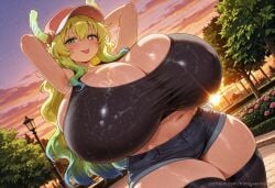 1girl ai_generated arms_behind_head arms_up baseball_cap black_thighhighs breasts cleavage dragon_girl dragon_horns dutch_angle gigantic_breasts gradient_hair green_eyes green_hair hat heterochromia horns horns_through_headwear huge_breasts lamppost long_hair looking_at_viewer lucoa midriff multicolored_hair navel outdoors shiny shiny_skin short_shorts shorts skindentation sky solo sweat tank_top thick_thighs thighhighs thighs tongue tongue_out tree trinity_vermilion unusually_open_eyes yellow_eyes