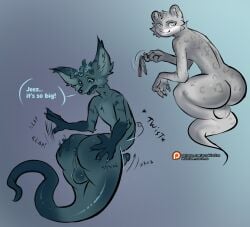 anthro anus balls blizzard_entertainment blue_eyes canid duo errokioslem felid genitals ghost_tail hi_res holding_object holding_weapon humanoid_genitalia humanoid_penis looking_at_viewer looking_down male mammal pantherine penis simple_background snow_leopard vulpera warcraft weapon
