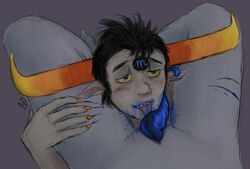 1boy 1girls 2012 black_hair blood blush conditional_dnp fellatio grey_background grey_skin homestuck horns mind_control ms_paint_adventures open_mouth oral orange_nails pointy_ears precum scratches sharp_teeth short_hair straight tavros_nitram tentabulge tongue_out troll vriska_serket wolftacos yellow_eyes