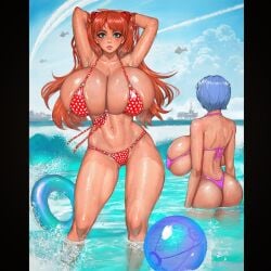 2girls alternate_breast_size areolae ass asuka_langley_sohryu big_breasts blue_eyes blue_hair breasts female female_only hanging_breasts huge_breasts long_hair neon_genesis_evangelion ocean randystarfru1t rei_ayanami thick_thighs top_heavy wide_hips