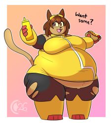anthro bbw cat chocend fat feline furry gameoverse glitch_productions hot_dog hyper kit_(gameoverse) kit_bodega morbidly_obese mustard overweight_anthro overweight_female solo tagme