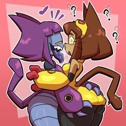 2girls anthro bedroom_eyes bob_cut brown_hair cat_ears cat_tail catgirl confused confused_expression confused_look cyclops cyclops_girl female female_focus female_only gameoverse glitch_productions heart heart_symbol kiss kissing kit_(gameoverse) kit_bodega malice_(gameoverse) mk210 red_eyes robot robot_girl saliva saliva_string saliva_trail sharp_teeth tongue tongue_out whiskers yuri