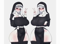 2girls ai_assisted big_breasts black_legwear blush body_blush breasts covered_nipples covered_pussy cross cross_earrings cross_necklace curvy curvy_figure female female_only hikkaria huge_breasts large_breasts long_hair looking_at_viewer no_panties nun nun's_habit nun_outfit pale-skinned_female red_eyes shiny_skin standing thick thick_thighs thighhighs thighs v white_hair simple_background
