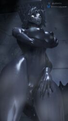 absurd_res anthro athletic athletic_anthro athletic_female big_breasts big_nipples black_body black_fur black_hair black_nails black_nipples breasts breath canid canine canis colored_nails female fur genitals glowing glowing_eyes hair hi_res holding_breast inner_ear_fluff long_nails long_tail looking_at_viewer low-angle_view mal0 mammal nails navel nipples nude nude_anthro nude_female presenting samtrix scp-1471-a scp-1471-a_(da.nilkaz) scp_foundation shower smile smiling_at_viewer solo steam tail thick_thighs tuft vulva wet wet_body wet_fur wet_hair wide_hips wolf