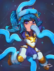 armor arms_up blue_eyes blue_hair blush boots breasts cute_fang fellatio female full_body highres kollerss league_of_legends looking_at_viewer maiz-ken open_mouth oral pelvic_curtain penis penis_tentacles pointy_ears poppy restrained riot_games skirt solo spread_legs star_guardian star_guardian_poppy star_guardian_series tentacle tentacles_under_clothes tongue tongue_out twintails yordle