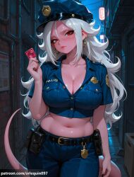 1girl ai_generated alley android_21 arlequin097 belt black_nails blue_headwear blue_pants blue_shirt blush breasts cleavage closed_mouth collarbone colored_skin condom condom_wrapper crop_top dragon_ball earrings female female_only hat holding holding_condom hoop_earrings jewelry large_breasts long_hair looking_at_viewer majin_android_21 midriff navel night outdoors pants pink_skin pocket police police_hat police_uniform policewoman red_eyes short_sleeves solo sweat tail uniform white_hair