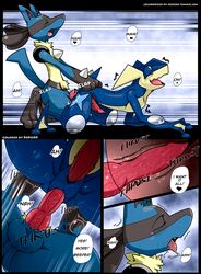 anal anal_sex anus blue_balls colored comic duo edit english_text erection fur gaping gaping_anus greninja heart highres kivwolf knot lucario male nintendo outdoors penetration penis pokemon pokemon_(species) red_eyes redoxx shocked testicles text yaoi