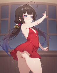 short_dress no_underwear cleavage small_breasts flat_chest heavenly_body sexy_body slutty_female slutty_dress petite_female seductive_smile slim_female skinny_female dancing heavenly_ass hinatsuru_ai ai_generated