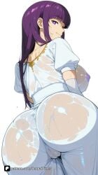 1girl ai_generated artist_name ass ass_focus bangs blunt_bangs breasts cameltoe covered_nipples dress elbow_gloves fern_(sousou_no_frieren) frieren_beyond_journey's_end from_behind gloves large_breasts long_hair looking_at_viewer looking_back patreon puffy_short_sleeves purple_eyes purple_hair questionable see-through senpai_pixels short_sleeves simple_background smile solo sousou_no_frieren wet wet_clothes wet_dress white_background white_dress white_gloves