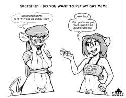 2d 2girls anthro anthro_female blush bottomless clothing dialogue do_you_want_to_pet_my_cat_(meme) drawing_on_body embarrassed exposed_pussy female_anthro katie_tinson marker mouse partially_clothed rodent_humanoid sam_rodoric t-kay tail vulva