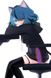 1girl absurdres animal_ears black_hoodie black_thighhighs blue_hair breasts cat_ears chair cross-section dildo highres hood hood_down hoodie leaning_on_table looking_at_viewer medium_breasts multicolored_hair object_insertion original red_eyes sex_toy short_hair sitting solo streaked_hair thighhighs uncensored uve vaginal vaginal_object_insertion white_background x-ray