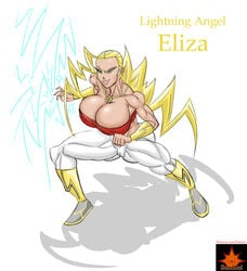 1girls angel artist_name big_breasts blonde_hair blue_eyes bracer breasts busty cleavage curvy ear_piercing earrings eliza_lightning english_text eyelashes female female_only front_view green_eyes half-closed_eyes hourglass_figure huge_breasts human lightning long_hair midriff muscle muscular muscular_female necklace piercing pose posing shadow simple_background solo spread_legs spreading standing sun1sol tank_top text very_long_hair voluptuous white_background wide_hips yellow_hair