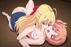 ahe_gao animated animated_gif blonde_hair collaboration_works hiiragi_kururu licking mankitsu_happening mitsuki_otona multiple_girls school screencap screenshot stitched stocking swimsuit yuri