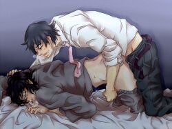 kamen_rider kamen_rider_kabuto_(series) soji_tendou arata_kagami 2boys male male_only male/male male_focus gay gay_sex gay_anal yaoi anal anal_sex clenched_teeth arm_up hand_on_arm bottomwear_down pants_down heavy_breathing breath breath_cloud necktie shirt white_shirt collar collared_shirt white_collared_shirt belt_unbuckled unbuckled_belt pants_open doggystyle doggy_style bed on_bed no_visible_genitalia black_hair curly_hair tears tears_in_eyes drool drooling drool_puddle saliva sweat sweatdrop looking_back looking_back_at_partner grabbing_sheets clothed clothed_sex