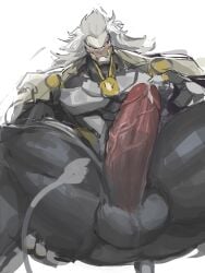 male male_only bara muscles muscular zenless_zone_zero banyue_(zenless_zone_zero) robot robot_humanoid robot_anthro machine humanoid long_hair lion lion_humanoid penis balls solo solo_male anmei_ftnn nude boner erection spread_legs blush