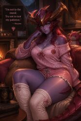 shyvana league_of_legends looking_at_viewer solo ai_generated whistlthistl dialogue annoyed knee_socks cute thick_thighs huge_breasts tail riot_games indoors