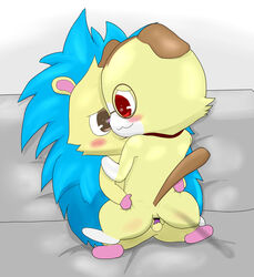 alex_(jewelpet) anal anal_sex anthro balls blue_fur blush brown_eyes brownie_(jewelpet) cute feline fur furniture furry hedgehog jewelpet jewelpet_(species) jewelry male mammal multicolored_fur necklace penetration penis raised_tail red_eyes sanrio sex sofa two_tone_fur white_fur yaoi yellow_fur ふったーば