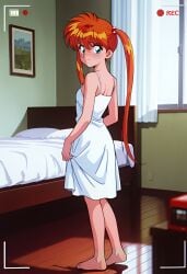 ai_generated backblue_eyes bare_legs barefoot bed bedroom blush dress feet hell_teacher_nube inaba_kyouko indoors jigoku_sensei_nube kyoko_inaba legs long_twintails looking_back modeling nizaemonart_(ai_generator) orange_hair recording shounen_jump smile teenager twintails white_dress