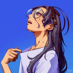 antenna_hair eye_bags glasses looking_up neet pikat_(character) purple_eyes purple_hair sfw sharp_teeth shirt_pull sweat sweatdrop sweating tan_body tan_skin thirsty virtual_youtuber white_shirt youtube