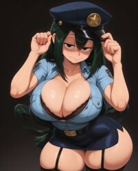 boku_no_hero_academia my_hero_academia asui_tsuyu ironart158 ai_generated 1girls big_breasts bra cleavage curvy_female cop cap eyes female female_only black_eyes green_hair hourglass_figure large_breasts light_skin light-skinned_female looking_at_viewer long_hair miniskirt police_uniform policewoman seductive seductive_look short_skirt thick thick_thighs voluptuous voluptuous_female wide_hips hat