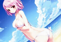 1girls beach bikini cloud female female_only ke-ta pale-skinned_female pale_skin pink_hair red_eyes sea short_hair sky solo touhou yuyuko_saigyouji