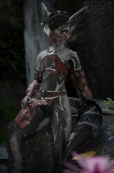 absurd_res andromorph bedroom_eyes blender_(artwork) blender_cycles_(artwork) clothing digital_media_(artwork) flashing flashing_pussy hi_res intersex lake looking_at_viewer male narrowed_eyes outside rexouium riddy riddyvrc rock seductive solo translucent translucent_clothing veil water waterfall