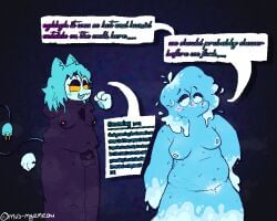 2026 absurd_res aliasing animal_genitalia anthro armpit_hair binary_drawing black_body black_fur blue_hair bodily_fluids body_hair breasts chest_hair darkner deltarune digital_drawing_(artwork) digital_media_(artwork) domestic_cat duo electrical_plug electrical_plug_tail electricity electricity_creature elemental_creature english_text eyeshadow felid feline felis female floating_hands fur genitals gynomorph hair heat_(temperature) hi_res hip_dips humanoid imminent_lick imminent_sex intersex intersex/female legless makeup mammal mask miss_mizzle miss_mizzle_(deltarune) mus-myemeow musk musk_cloud nipples nude overweight overweight_anthro overweight_female paint.net_(artwork) pattern_background penis pubes sheath simple_background speech_bubble stretch_marks stylized_stretch_marks sweat tasque_manager tasque_manager_(deltarune) text trans_(lore) trans_woman_(lore) undertale_(series) water water_creature wearing_mask wet wet_body wet_hair wikipedia yellow_fangs yellow_nipples yellow_sclera