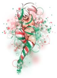 ankle_socks beard big_breasts big_thighs blue_eyes breasts female_only green_markings legwear leslie_brown long_hair looking_at_viewer ponytail red_markings sitting smiling_at_viewer socks socks_only striped_legwear suria_(the_rock_cocks) tattoo_on_thigh tattooed_arm the_rock_cocks vagina white_background white_hair