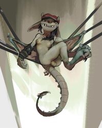 anthro balls beanie beanie_only black_hair breasts clothing deadlock digital_media_(artwork) facial_piercing feet fingers ftg_crossgender fti_crossgender gargoyle genitals gynomorph hair hat hat_only headgear headgear_only headwear headwear_only hi_res intersex ivy_(deadlock) looking_at_viewer lying membrane_(anatomy) membranous_wings mindkog mostly_nude nipples nose_piercing nose_ring nude on_back piercing ring_piercing rope shortstack simple_background smile solo tail teeth toes valve valve_corporation wings