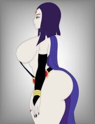 armlet artvi belt black_belt black_crop_top black_sleeves calm cleavage crop_top curvy dc dc_comics female flowing_skirt forehead_jewel gold_bracelets gold_ornament gray_background highres huge_ass huge_breasts indoors justice_league long_hair long_sleeves looking_sideways massive_breasts off_shoulder plump profile purple_hair purple_nails purple_skirt raven_(dc) red_jewel red_ornament side_boob side_view solo standing tagme teen_titans thick_thighs wide_hips